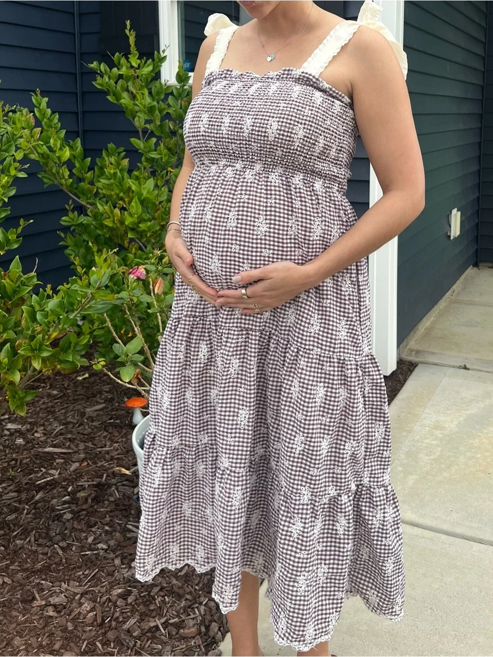 Smocked Gingham Maxi Dress with Tie Straps - White and Brown - Picture 1 of 5